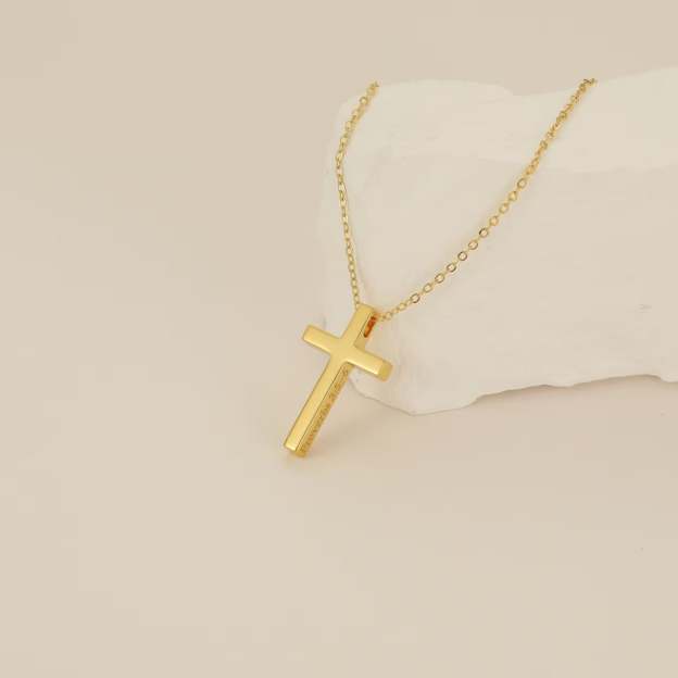 Personalized Gold Cross Necklace – Custom Engraved 18K Gold Plated Christian Cross Pendant Necklace for Women