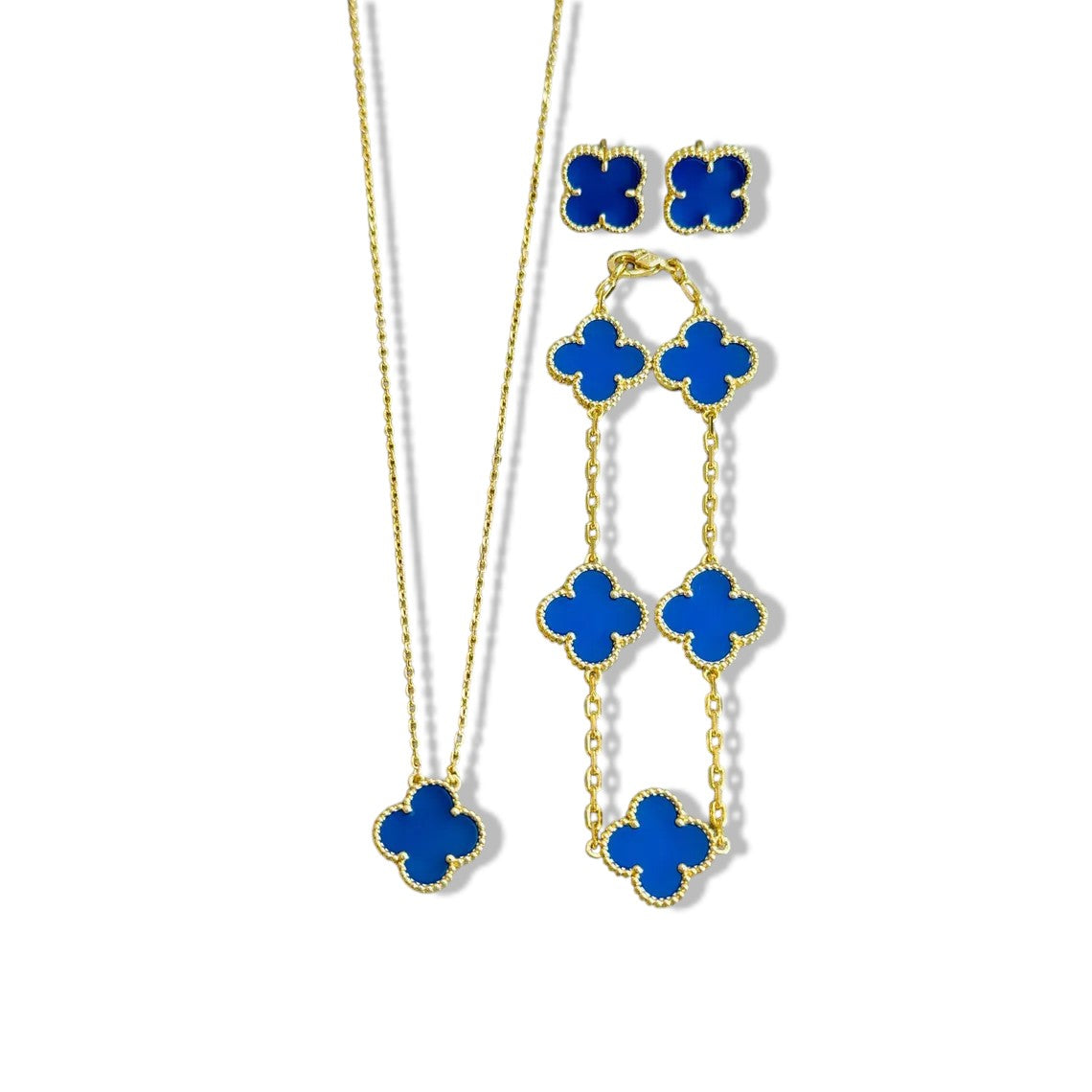 Exquisite Royal Blue Four-Leaf Clover Jewelry Set – 18K Gold Plated Necklace, Bracelet & Earrings | Perfect Gift for Her