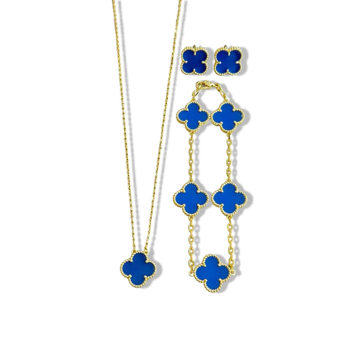 Exquisite Royal Blue Four-Leaf Clover Jewelry Set – 18K Gold Plated Necklace, Bracelet & Earrings | Perfect Gift for Her