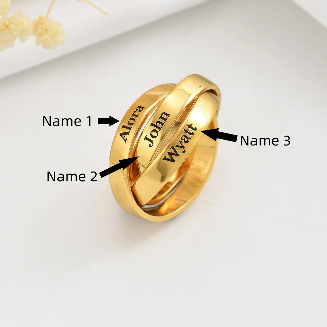 Custom Triple Band Name Ring - Personalized with 3 Names in 14K and 18K Gold Plated & Solid