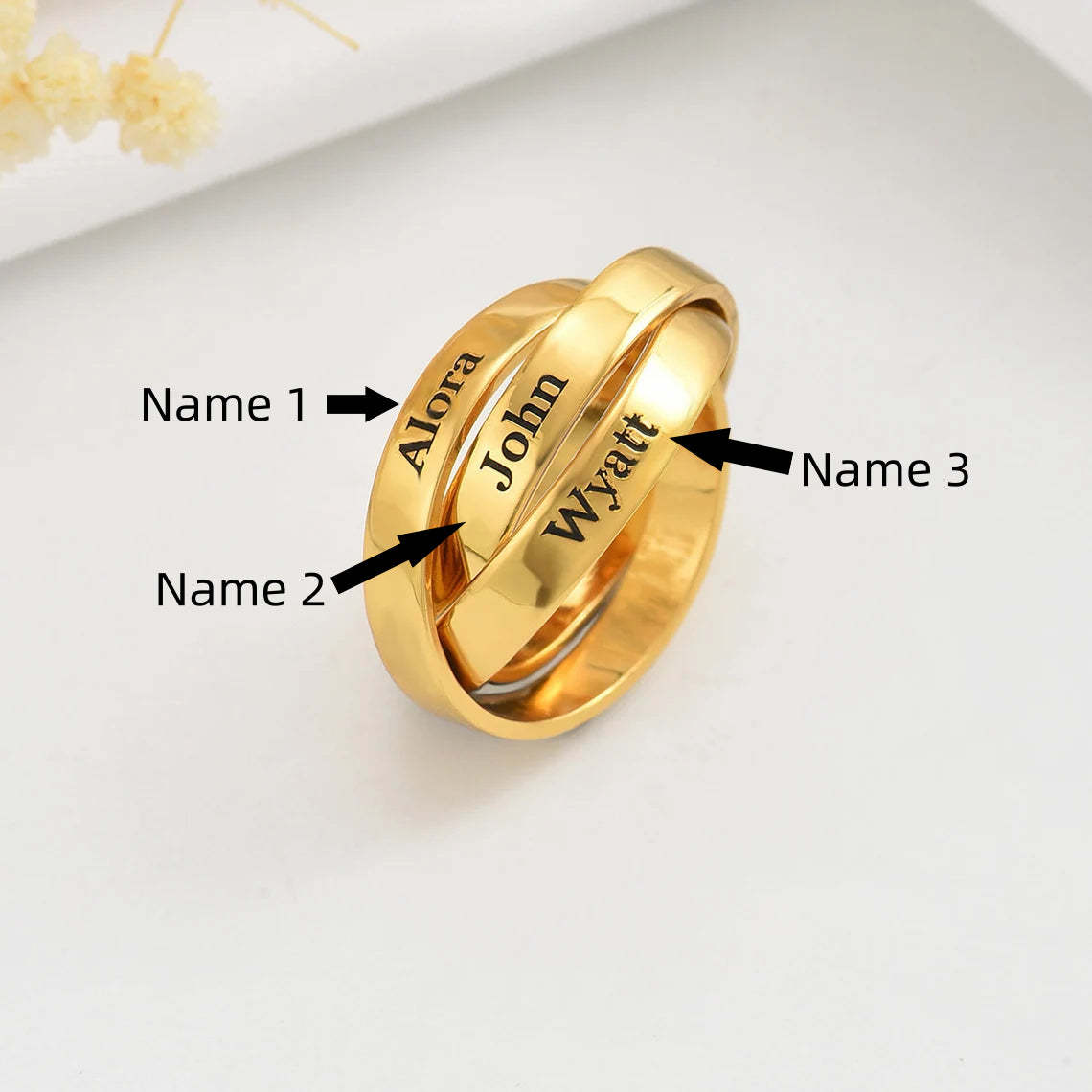 Custom Triple Band Name Ring - Personalized with 3 Names in 14K and 18K Gold Plated & Solid