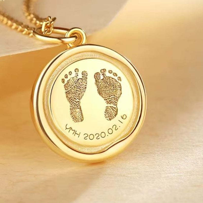 Custom Engraved 14K Gold Baby Footprint Necklace - Available in 925 Silver, 14K Yellow, Rose, and White Gold, Perfect for New Parents