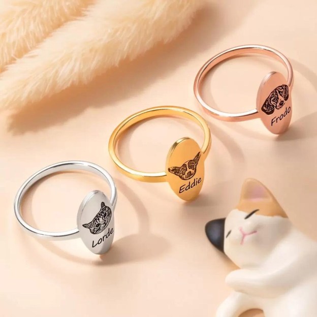 Custom Engraved Pet Portrait Ring – Personalized with Name and Image – Unique Gift for Pet Lovers