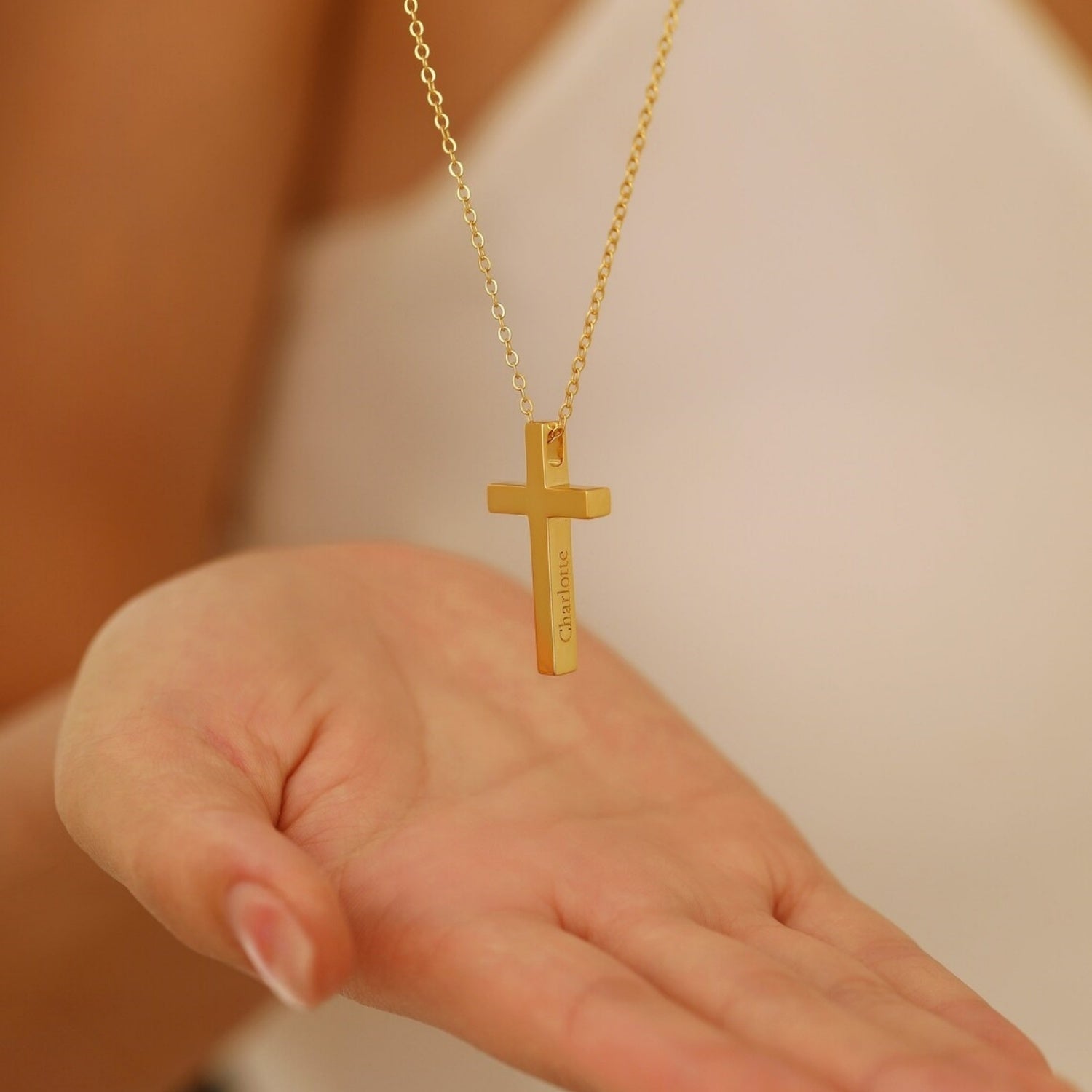 Personalized Gold Cross Necklace – Custom Engraved 18K Gold Plated Christian Cross Pendant Necklace for Women