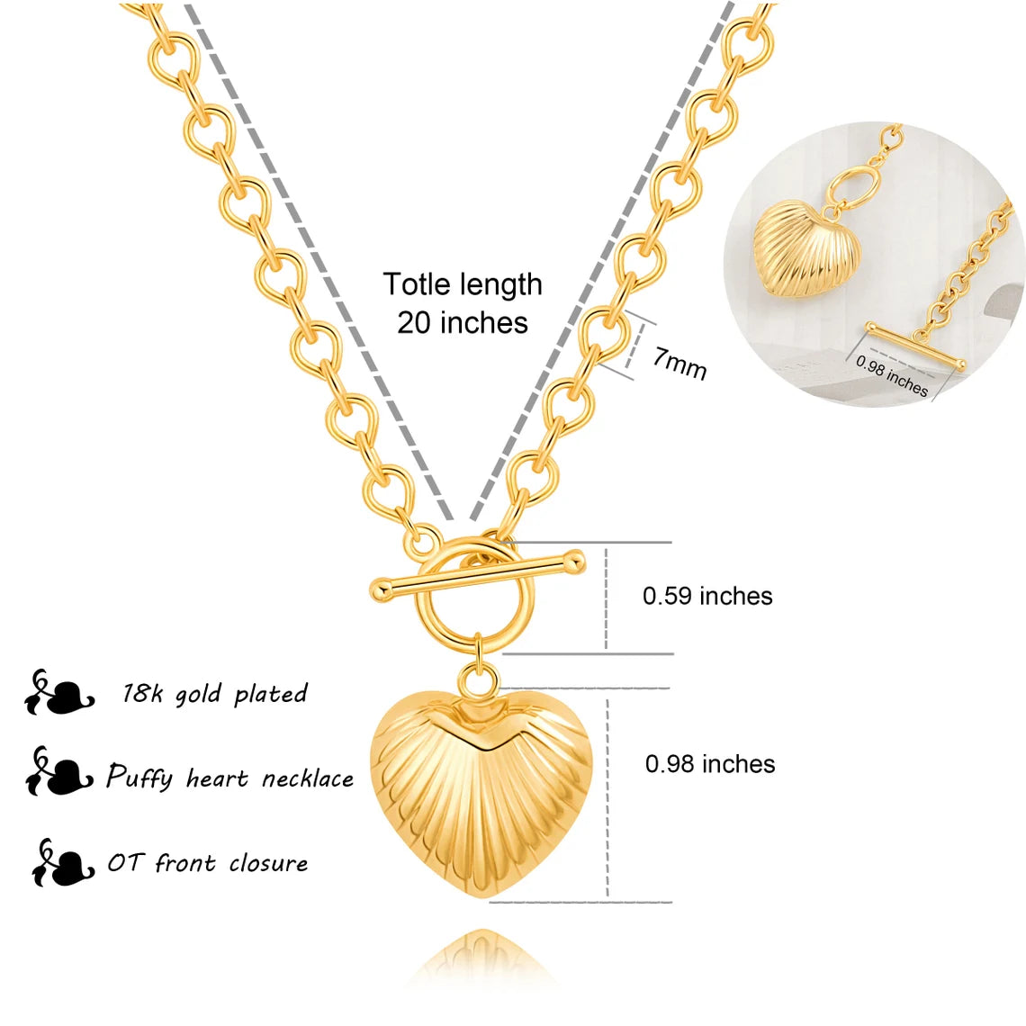 Ladies' Textured Puffy Heart Pendant Necklace - Available in 14K and 18K Gold Plated & Solid, Perfect for Romantic Gestures