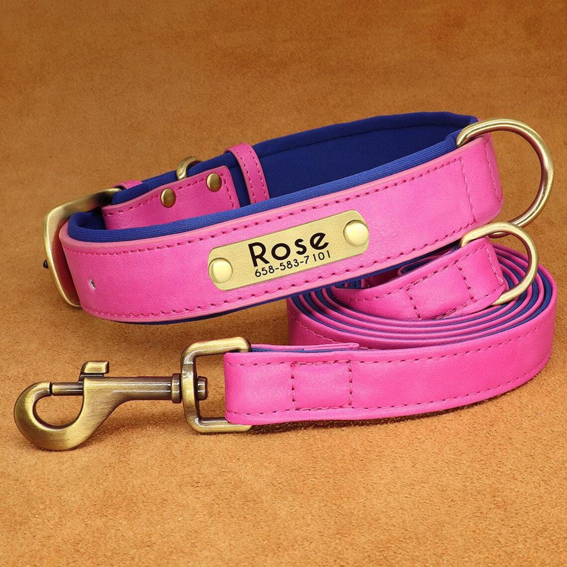Custom PU Leather Dog ID Collar and Leash Set - Personalized with Name and Number, Available in Brown, Pink, Green, Rose Red