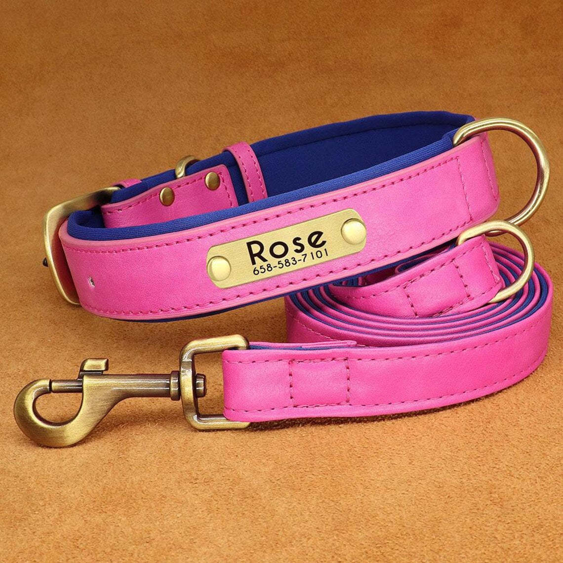 Custom PU Leather Dog ID Collar and Leash Set - Personalized with Name and Number, Available in Brown, Pink, Green, Rose Red