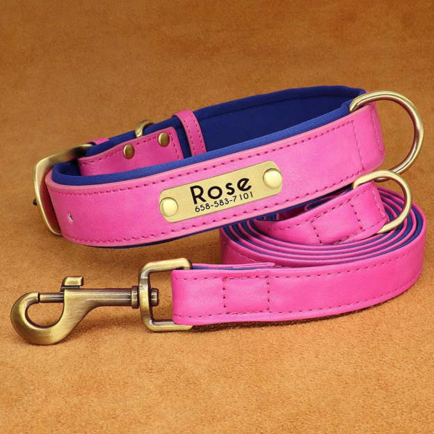 Custom PU Leather Dog ID Collar and Leash Set - Personalized with Name and Number, Available in Brown, Pink, Green, Rose Red
