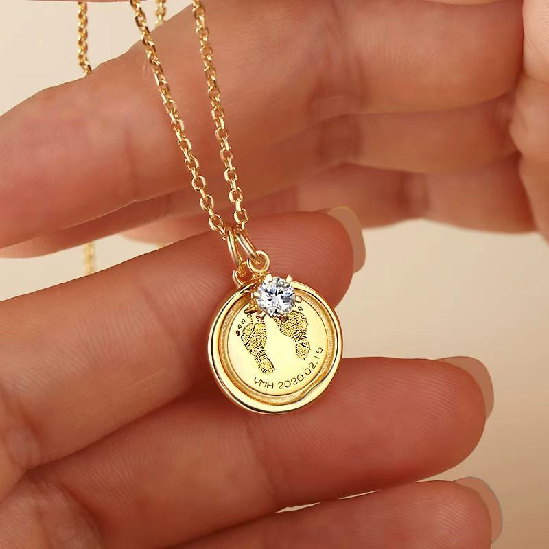 Custom Engraved 14K Gold Baby Footprint Necklace - Available in 925 Silver, 14K Yellow, Rose, and White Gold, Perfect for New Parents