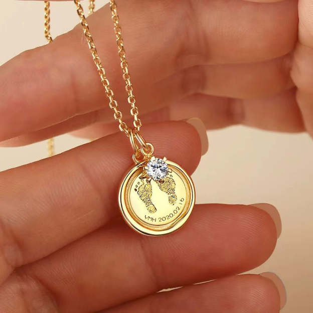 Custom Engraved 14K Gold Baby Footprint Necklace - Available in 925 Silver, 14K Yellow, Rose, and White Gold, Perfect for New Parents