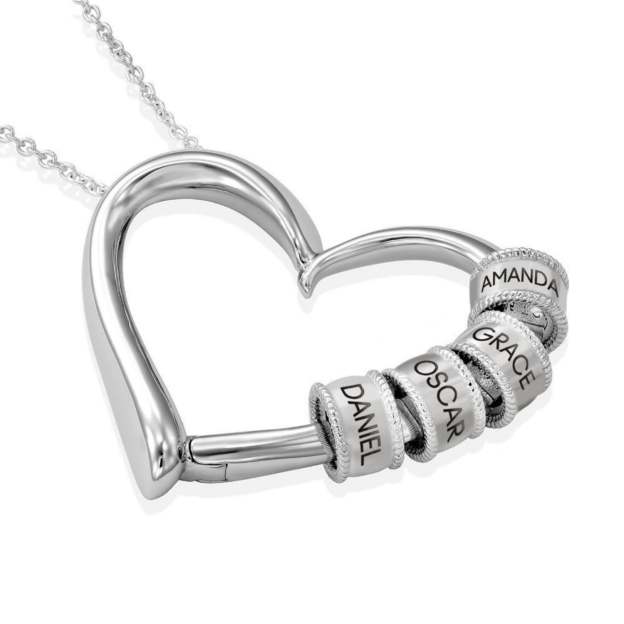 Custom Engraved 14K White Gold Heart Necklace – Personalized Name Beads – Elegant Gift for Her