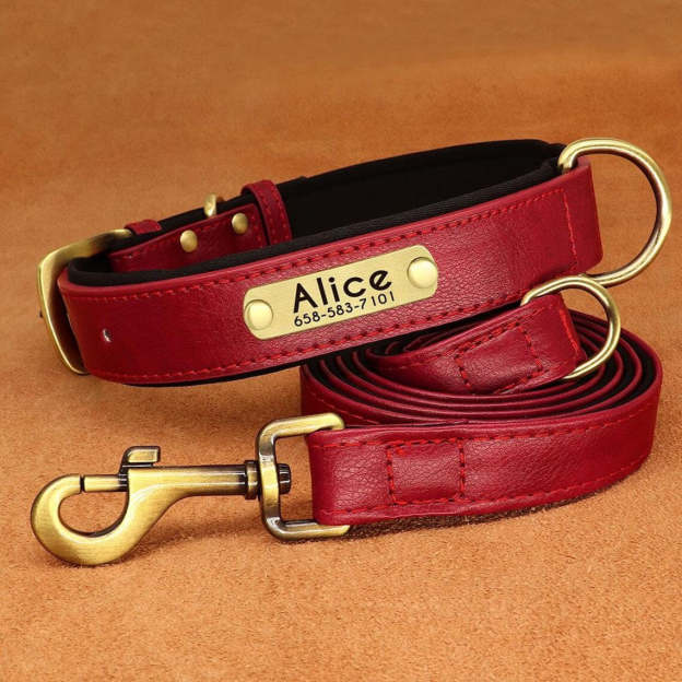 Custom PU Leather Dog ID Collar and Leash Set - Personalized with Name and Number, Available in Brown, Pink, Green, Rose Red