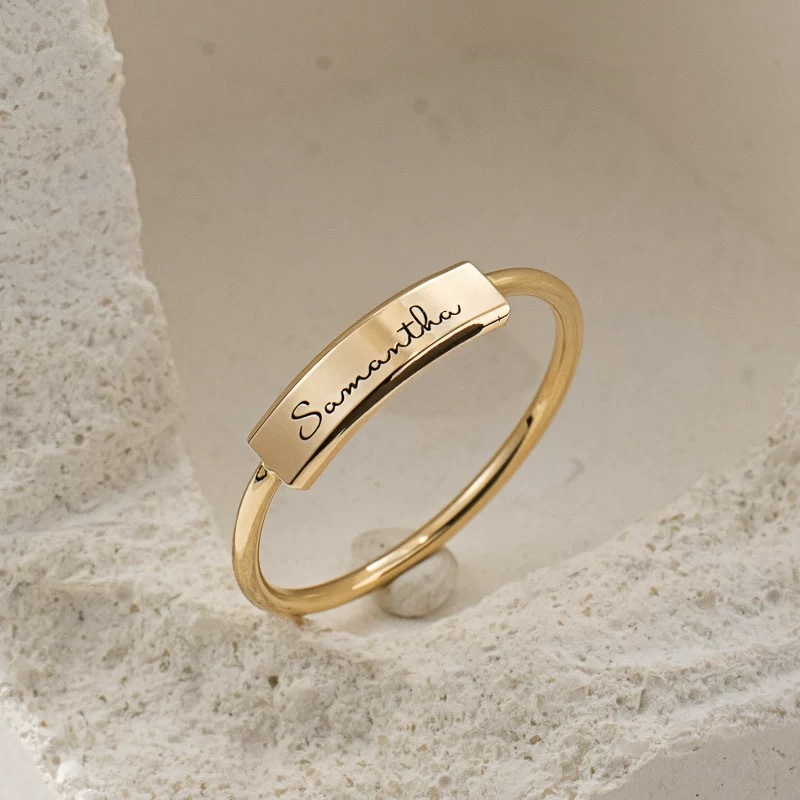 14K gold engraved bar ring with personalization