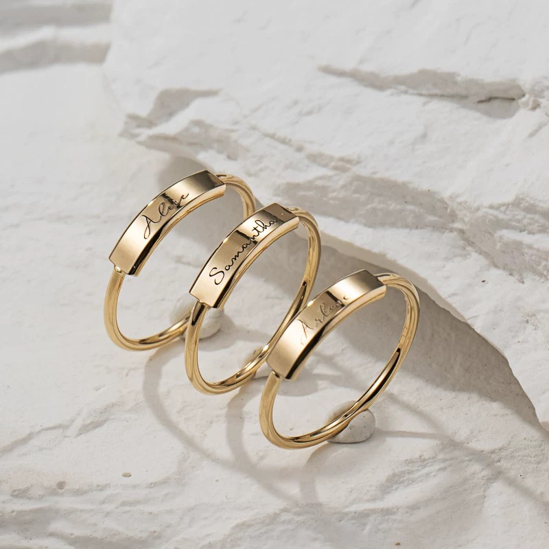 14K gold engraved bar ring with personalization
