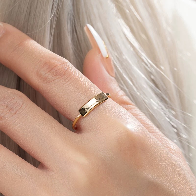 14K gold engraved bar ring with personalization