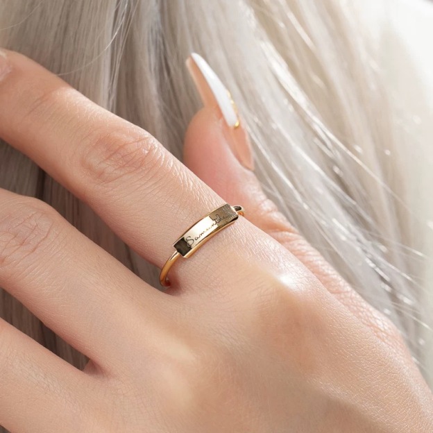 14K gold engraved bar ring with personalization