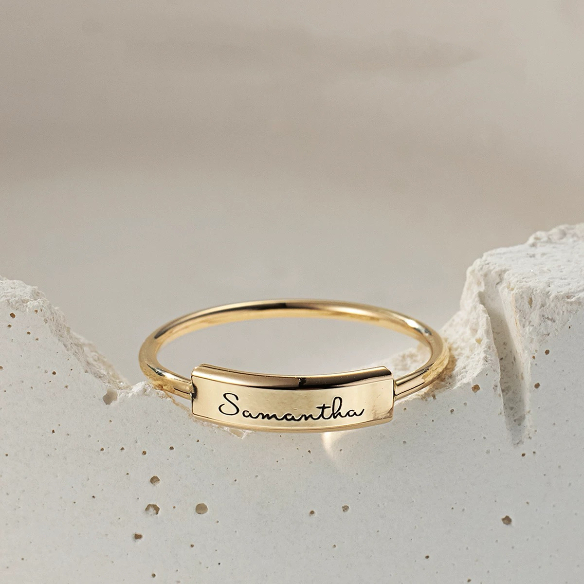 14K gold engraved bar ring with personalization