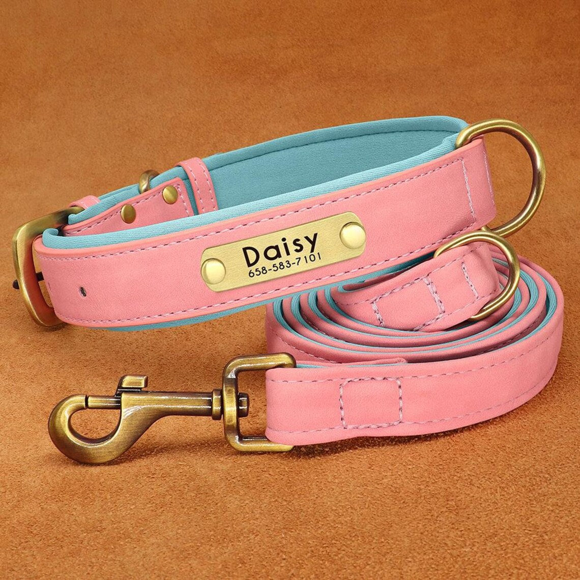 Custom PU Leather Dog ID Collar and Leash Set - Personalized with Name and Number, Available in Brown, Pink, Green, Rose Red
