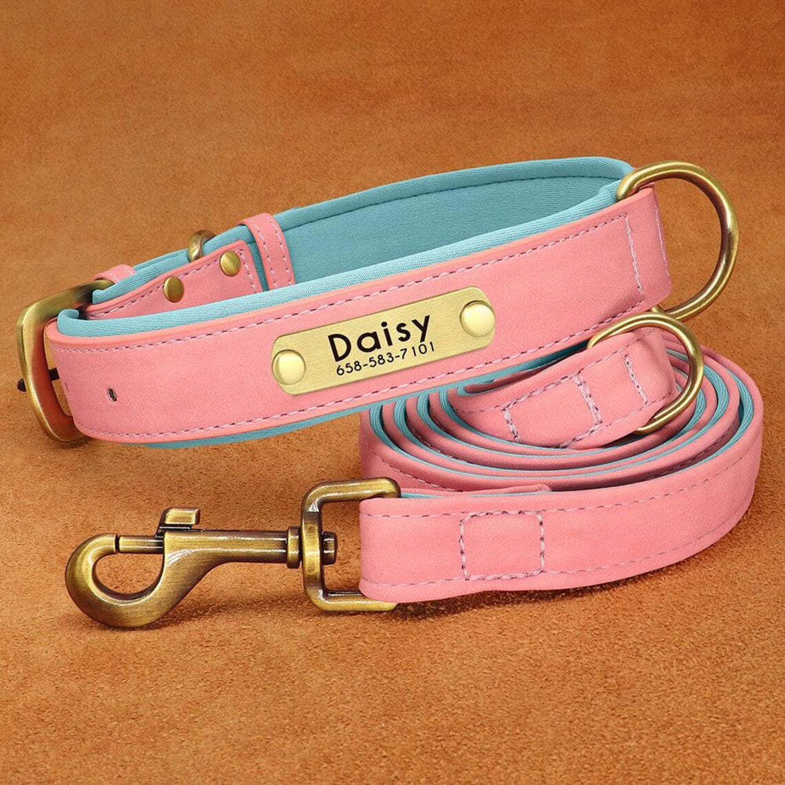 Custom PU Leather Dog ID Collar and Leash Set - Personalized with Name and Number, Available in Brown, Pink, Green, Rose Red
