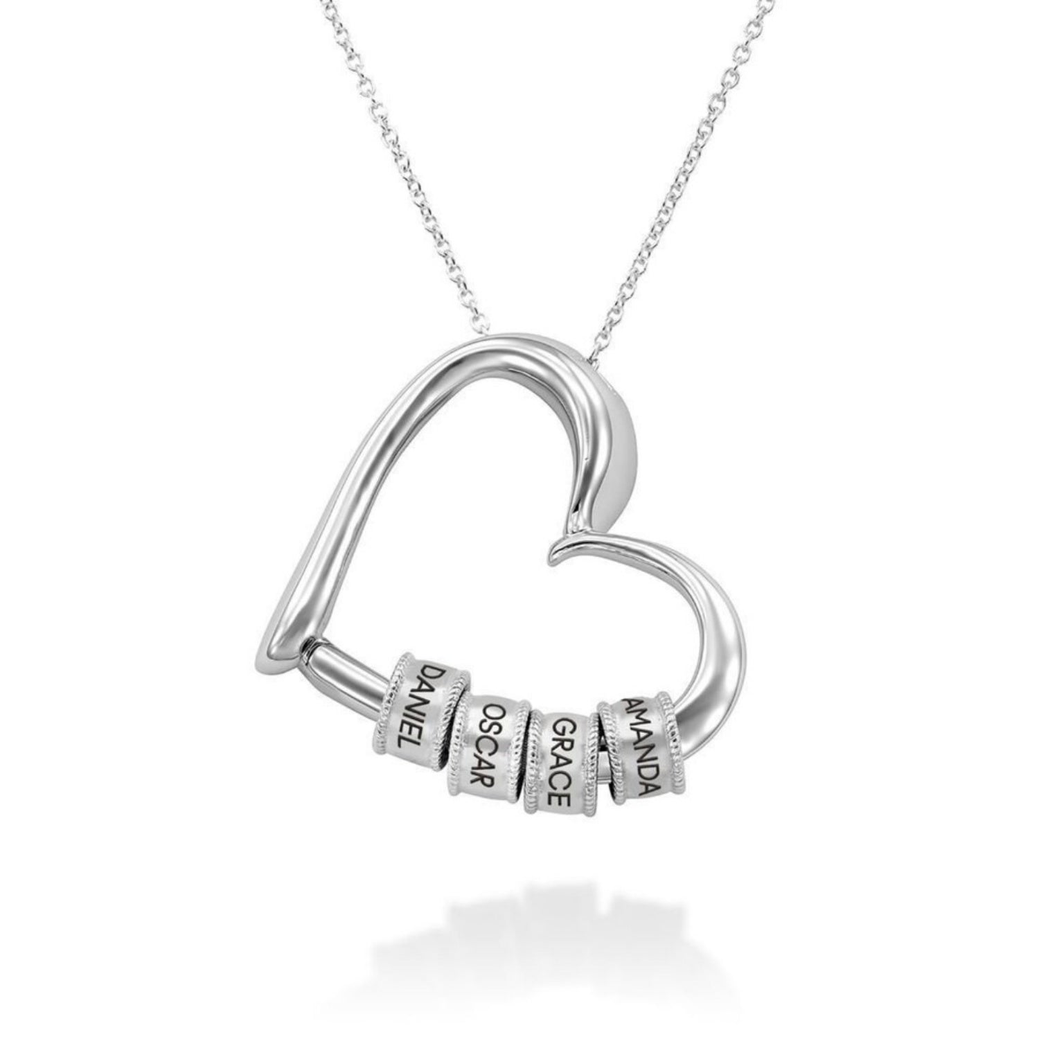 Custom Engraved 14K White Gold Heart Necklace – Personalized Name Beads – Elegant Gift for Her