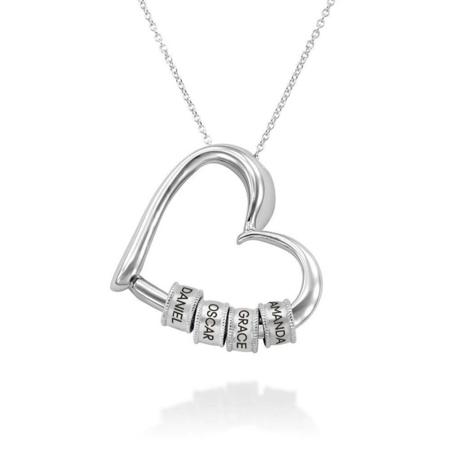 Custom Engraved 14K White Gold Heart Necklace – Personalized Name Beads – Elegant Gift for Her