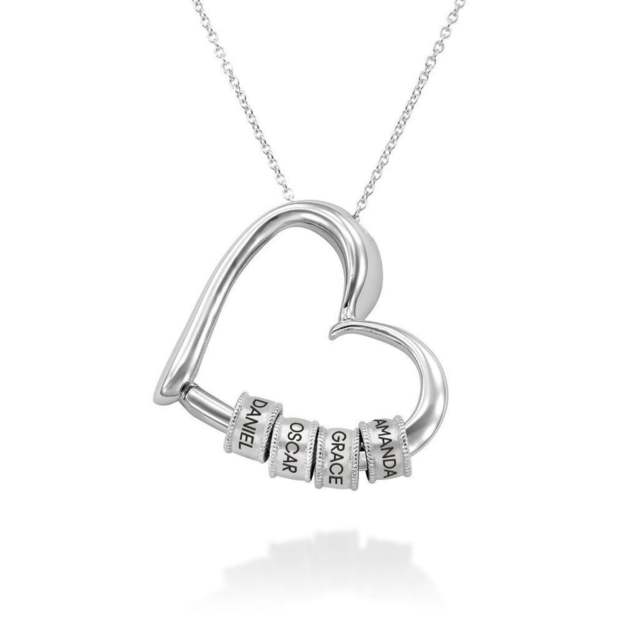 Custom Engraved 14K White Gold Heart Necklace – Personalized Name Beads – Elegant Gift for Her