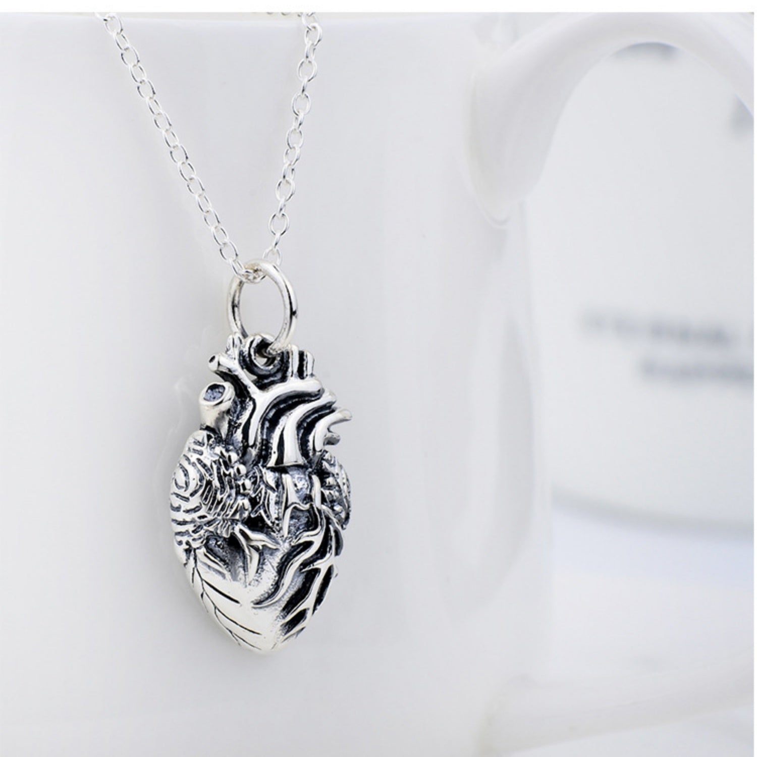 Sterling Silver Anatomical Heart Pendant Necklace – Detailed and Unique Jewelry – Perfect Gift for Her