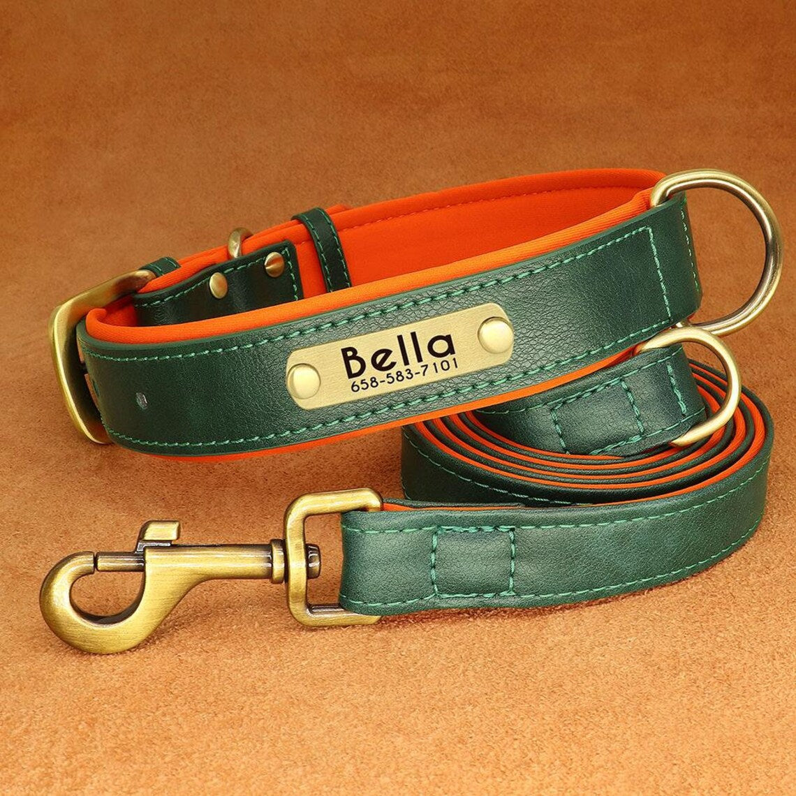 Custom PU Leather Dog ID Collar and Leash Set - Personalized with Name and Number, Available in Brown, Pink, Green, Rose Red