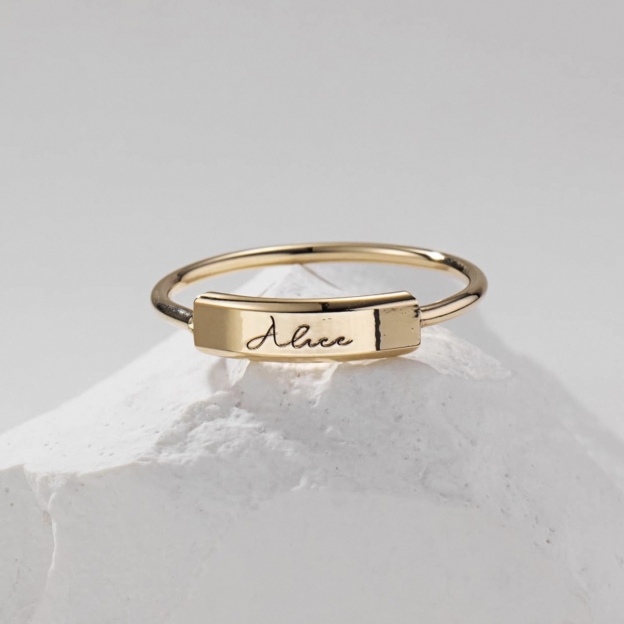 14K gold engraved bar ring with personalization