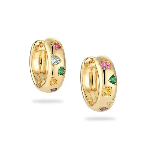 Gold and silver hoop earrings with colorful gemstones