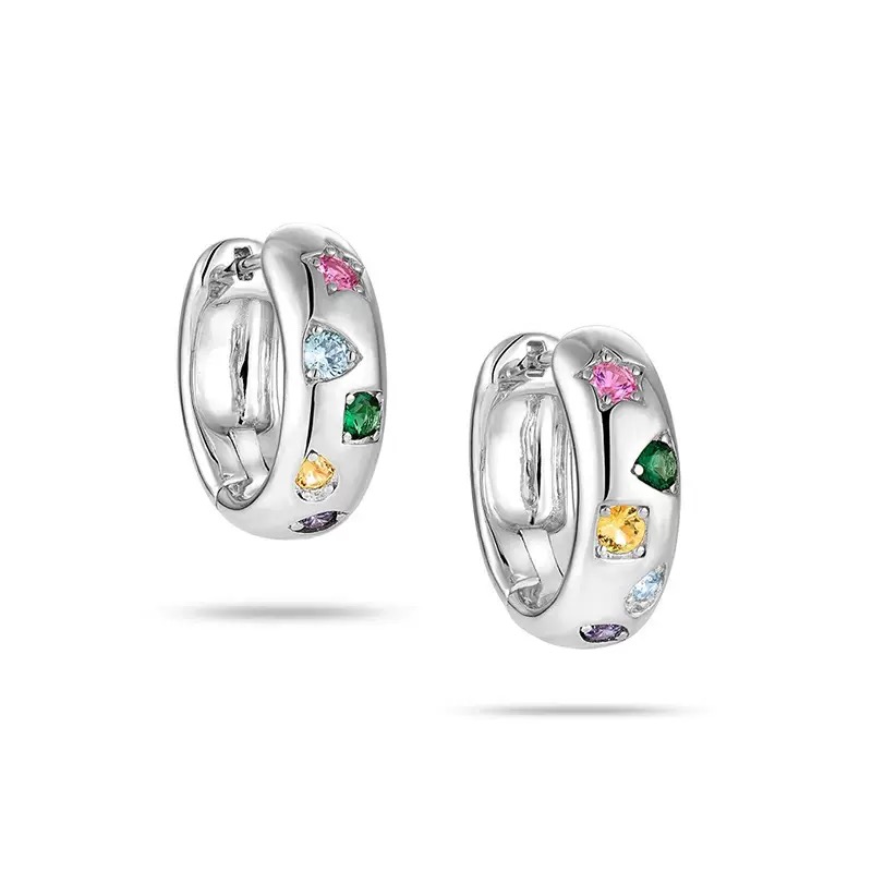 Gold and silver hoop earrings with colorful gemstones