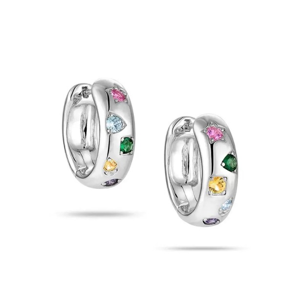 Gold and silver hoop earrings with colorful gemstones