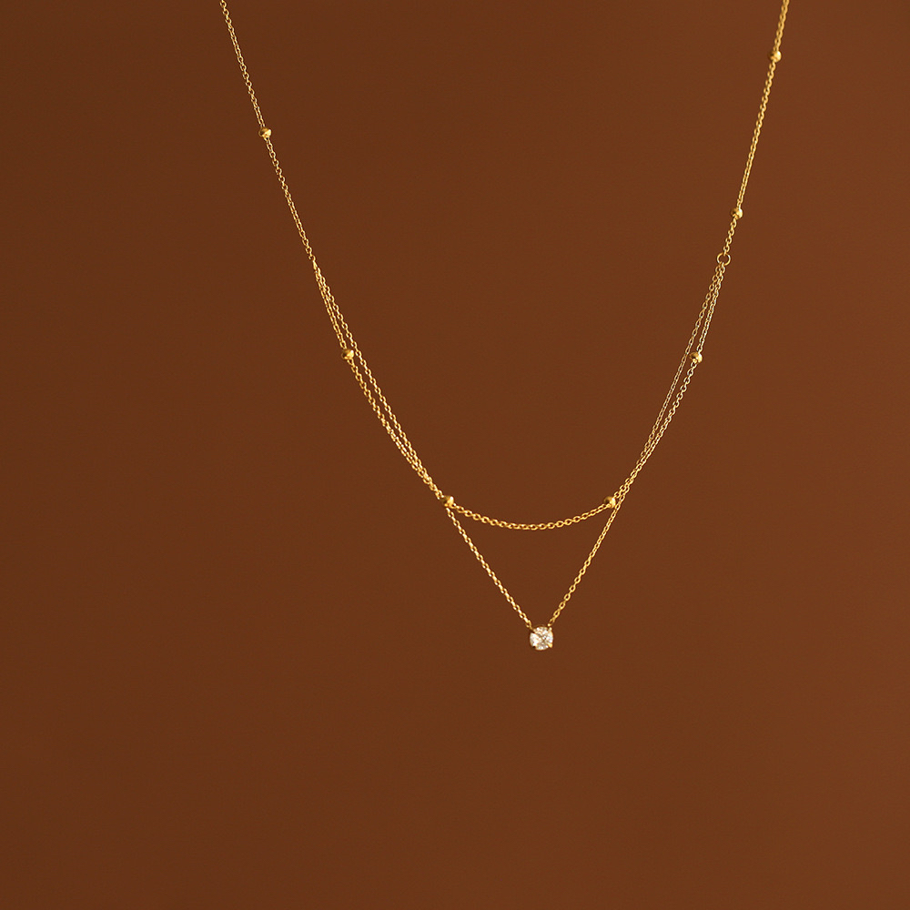 14K Gold, Layered Necklace, Cubic Zirconia Pendant, Lightweight, Stylish, Women's Jewelry