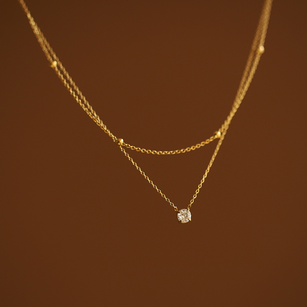 14K Gold, Layered Necklace, Cubic Zirconia Pendant, Lightweight, Stylish, Women's Jewelry