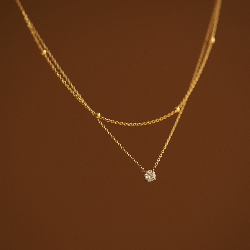 14K Gold, Layered Necklace, Cubic Zirconia Pendant, Lightweight, Stylish, Women's Jewelry