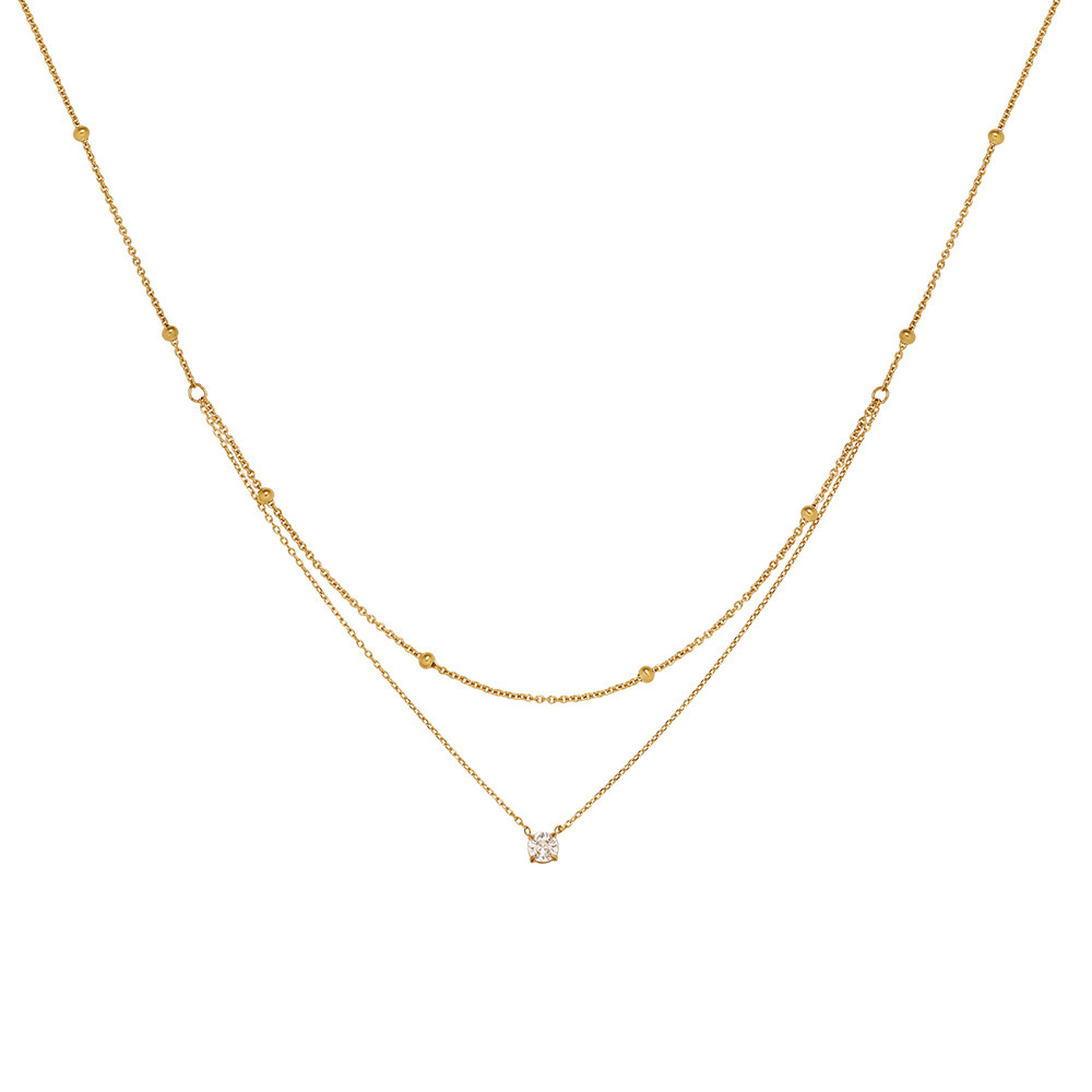 14K Gold, Layered Necklace, Cubic Zirconia Pendant, Lightweight, Stylish, Women's Jewelry