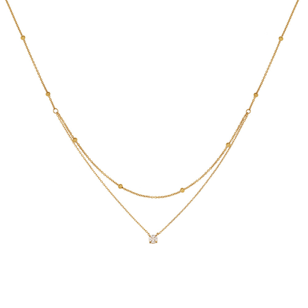 14K Gold, Layered Necklace, Cubic Zirconia Pendant, Lightweight, Stylish, Women's Jewelry