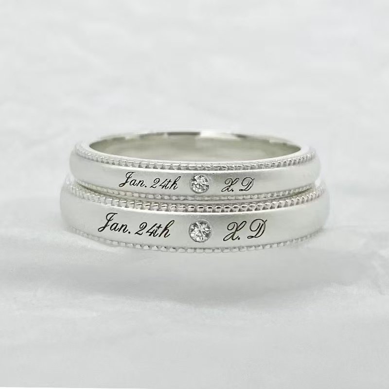 Silver lace edge couple rings with gemstones