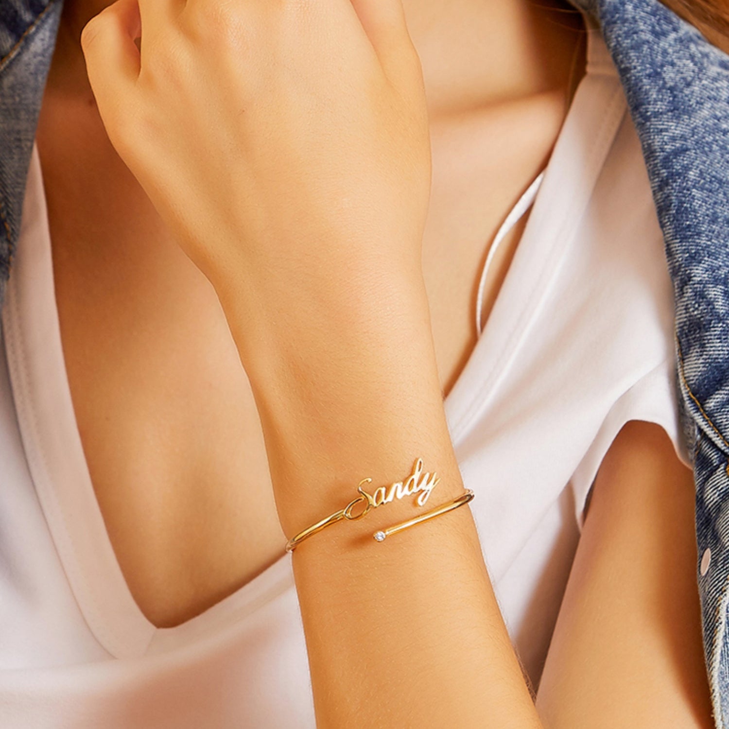 Custom 14K Yellow Gold 'Candy' Name Bangle with Gemstone