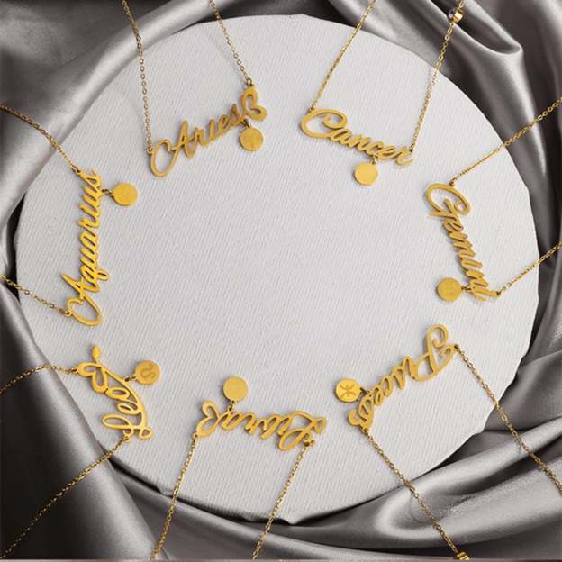 Set of Gold Tone Personalized Zodiac Sign Necklaces