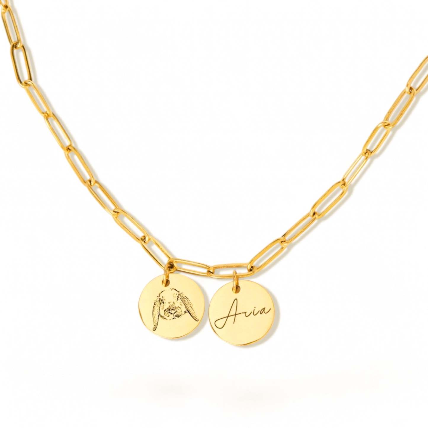 Custom Engraved Gold Charm Necklace – Personalized with Name and Pet Portrait – Unique Gift for Her