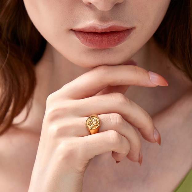 Gold Tone Engraved Signet Ring