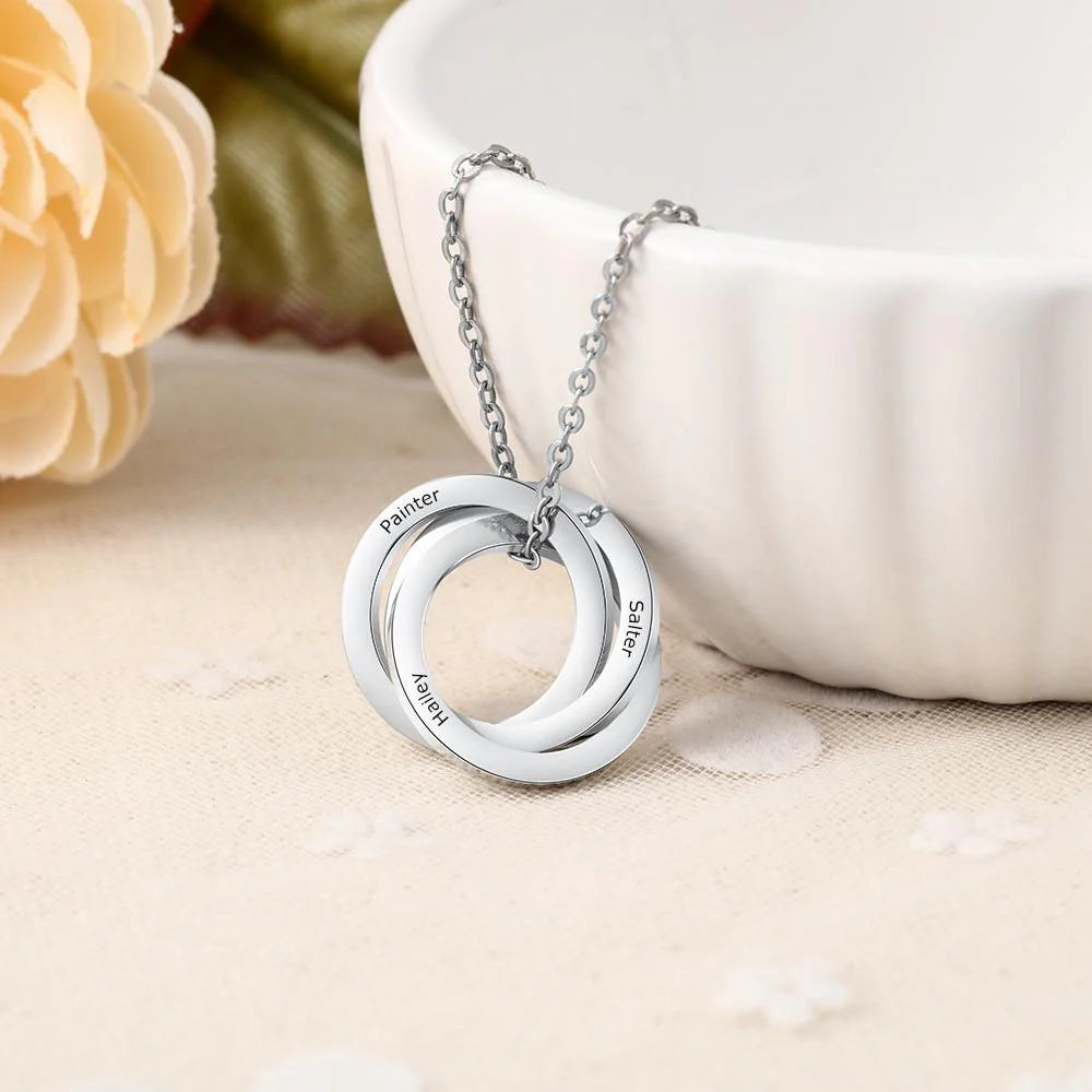 Custom Russian Nesting Rings Necklace - Personalized with Names in 925 Sterling Silver or 14K White Gold, Perfect for Celebrating Relationships