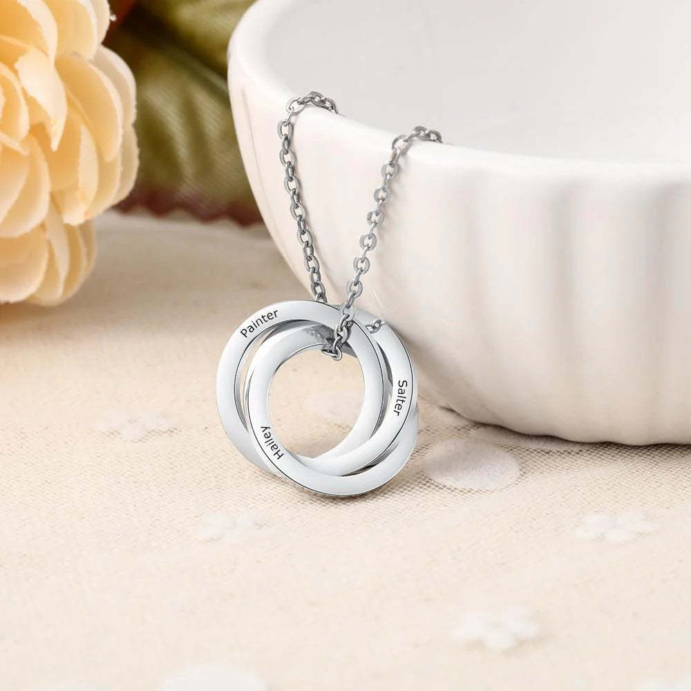 Custom Russian Nesting Rings Necklace - Personalized with Names in 925 Sterling Silver or 14K White Gold, Perfect for Celebrating Relationships