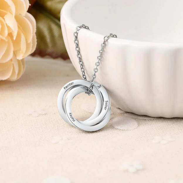 Custom Russian Nesting Rings Necklace - Personalized with Names in 925 Sterling Silver or 14K White Gold, Perfect for Celebrating Relationships