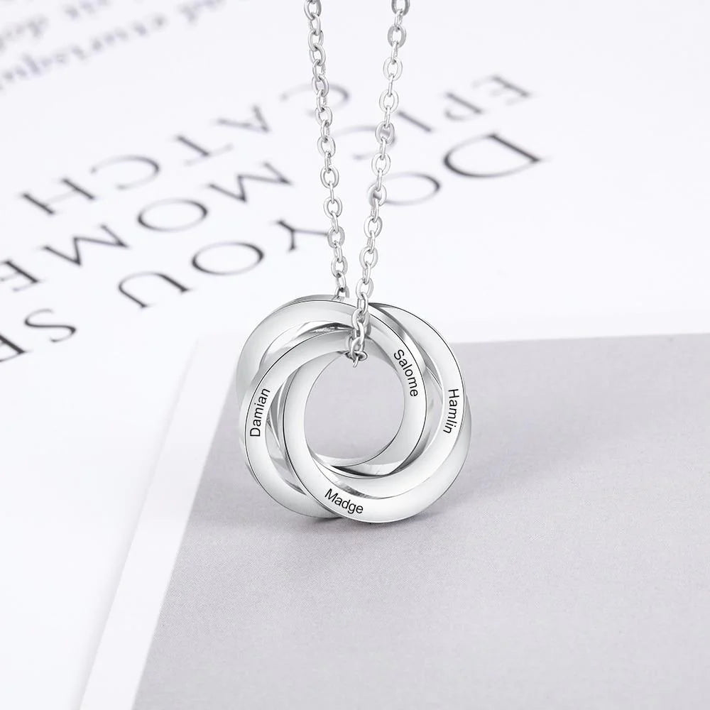 Custom Russian Nesting Rings Necklace - Personalized with Names in 925 Sterling Silver or 14K White Gold, Perfect for Celebrating Relationships
