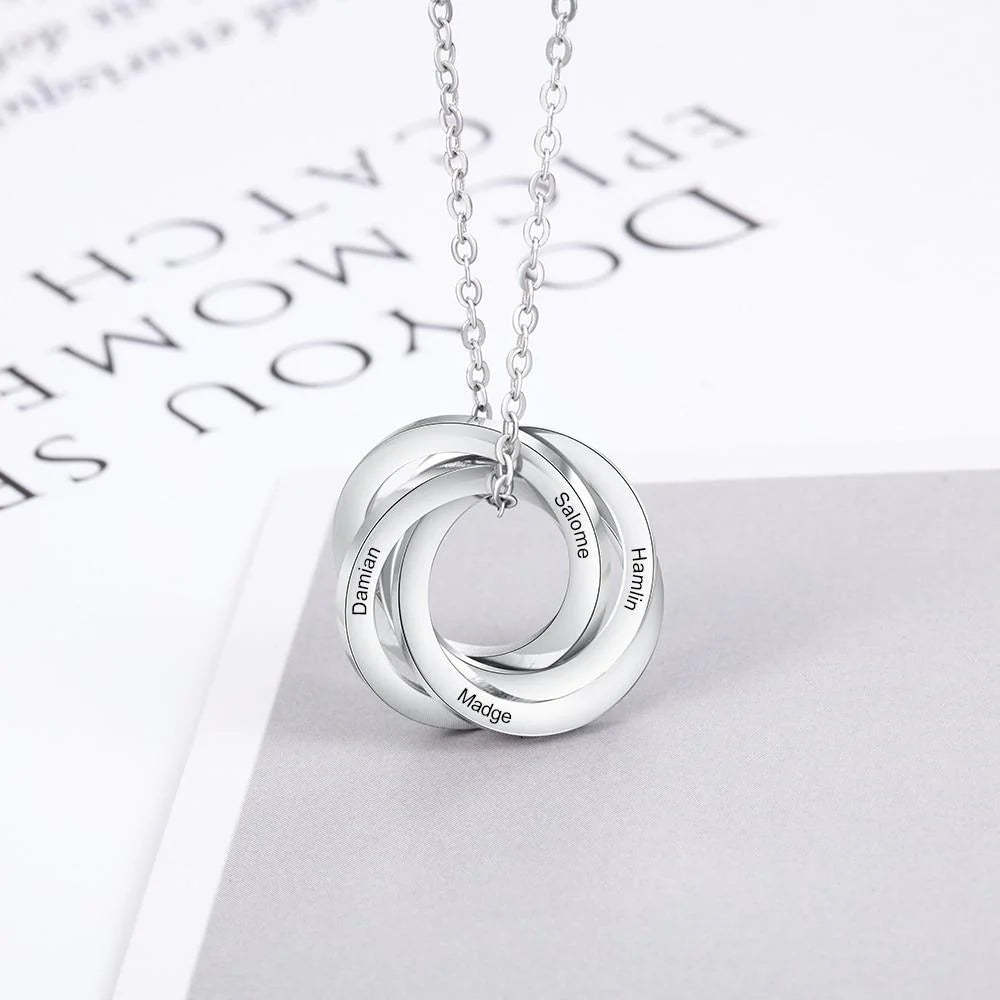 Custom Russian Nesting Rings Necklace - Personalized with Names in 925 Sterling Silver or 14K White Gold, Perfect for Celebrating Relationships