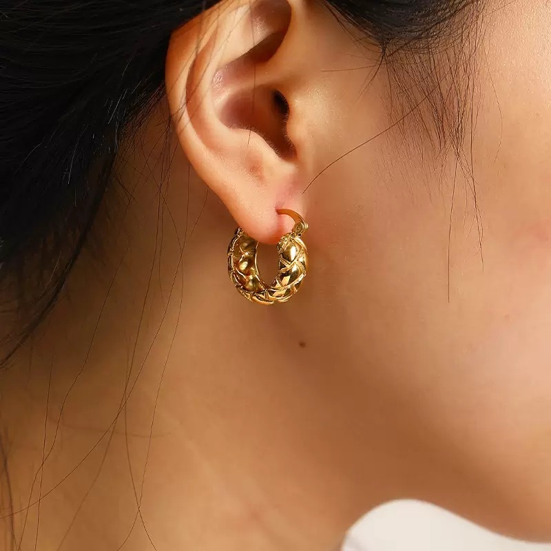Gold and silver quilted design hoop earrings