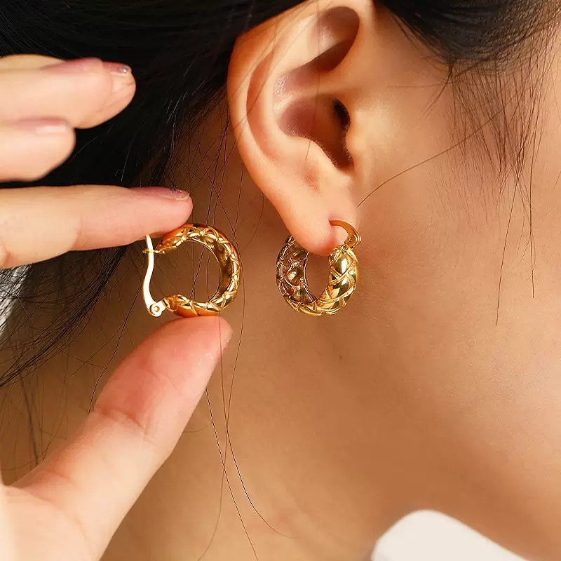 Gold and silver quilted design hoop earrings