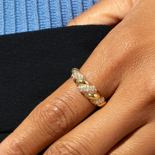 Silver and gold-tone twist link ring with gemstones